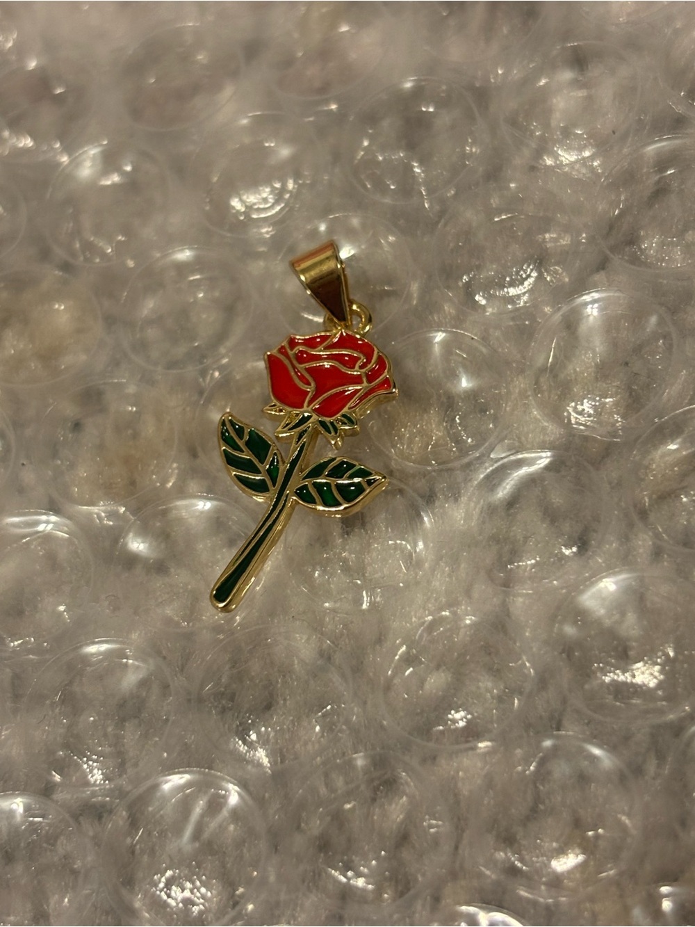 Gold Rose Pendant Necklace Charm - Red and Green